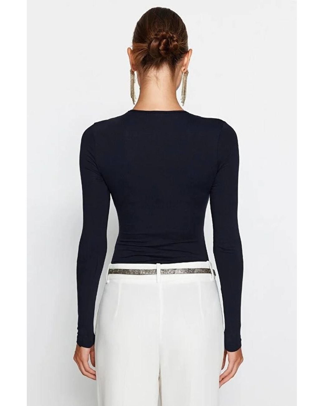 WOVCOR Blue Deep V-Neck Long Sleeve Knit Bodysuit