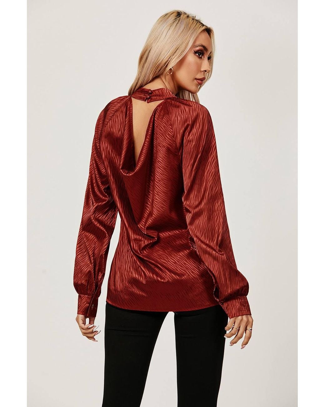 FS Collection Red High Neck Back Cut Detail Satin Blouse Top