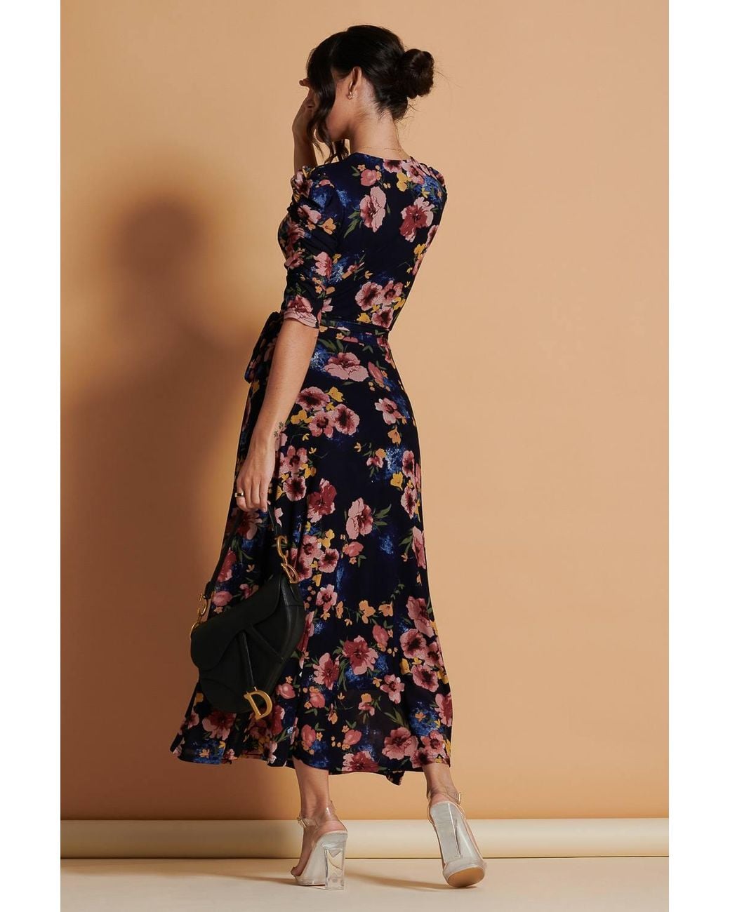 Jolie Moi Blue Qaliyah Wrap Front Mesh Maxi Dress