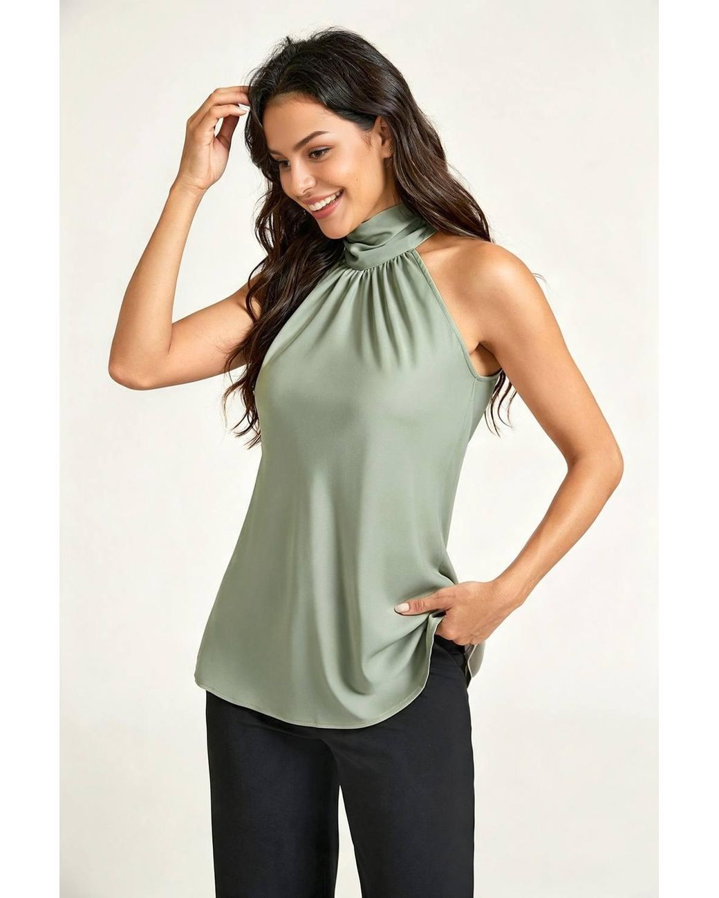 FS Collection Blue High Neck Sleeveless Satin Blouse Top