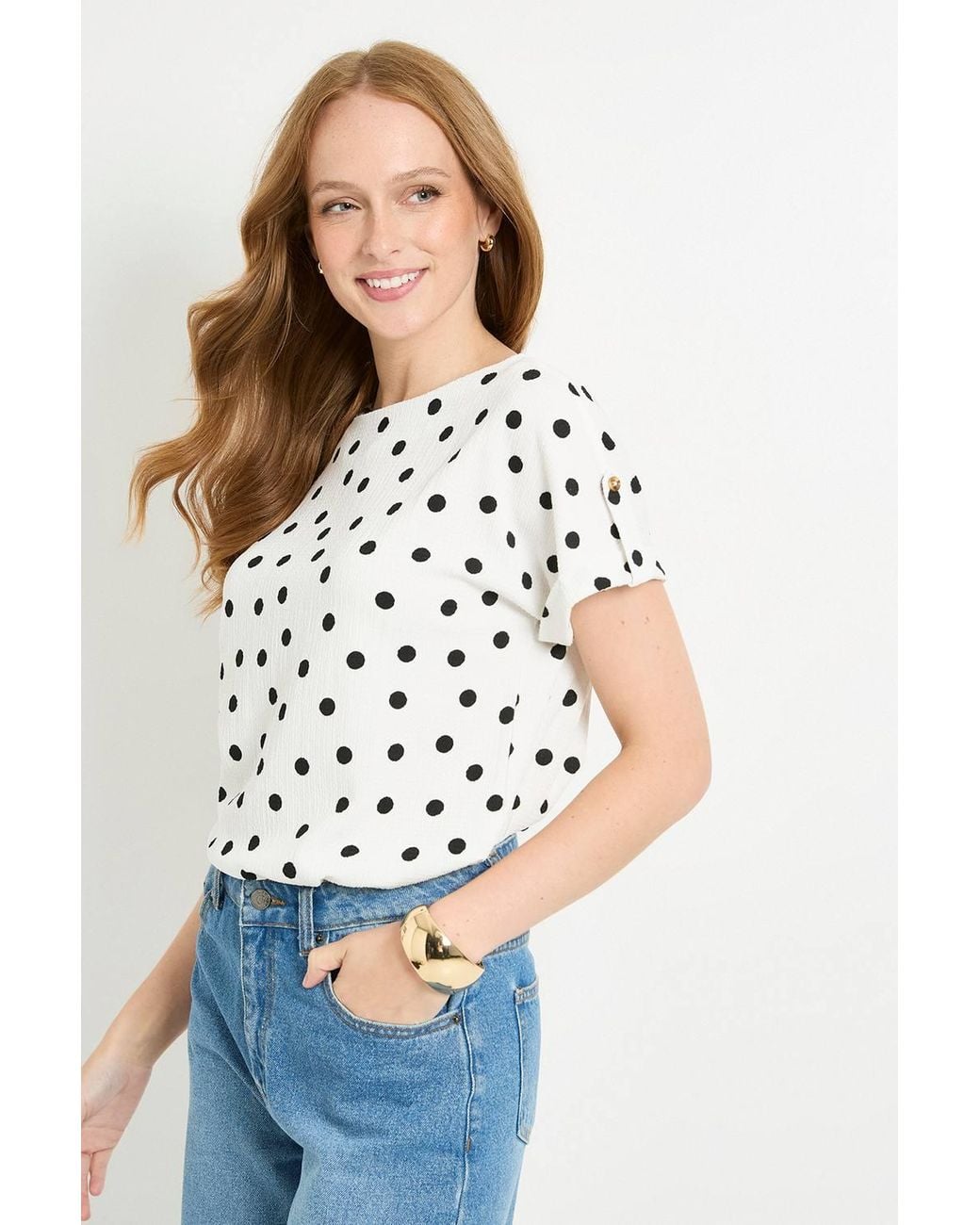 Wallis White Spot Jersey Roll Sleeve Button T-Shirt