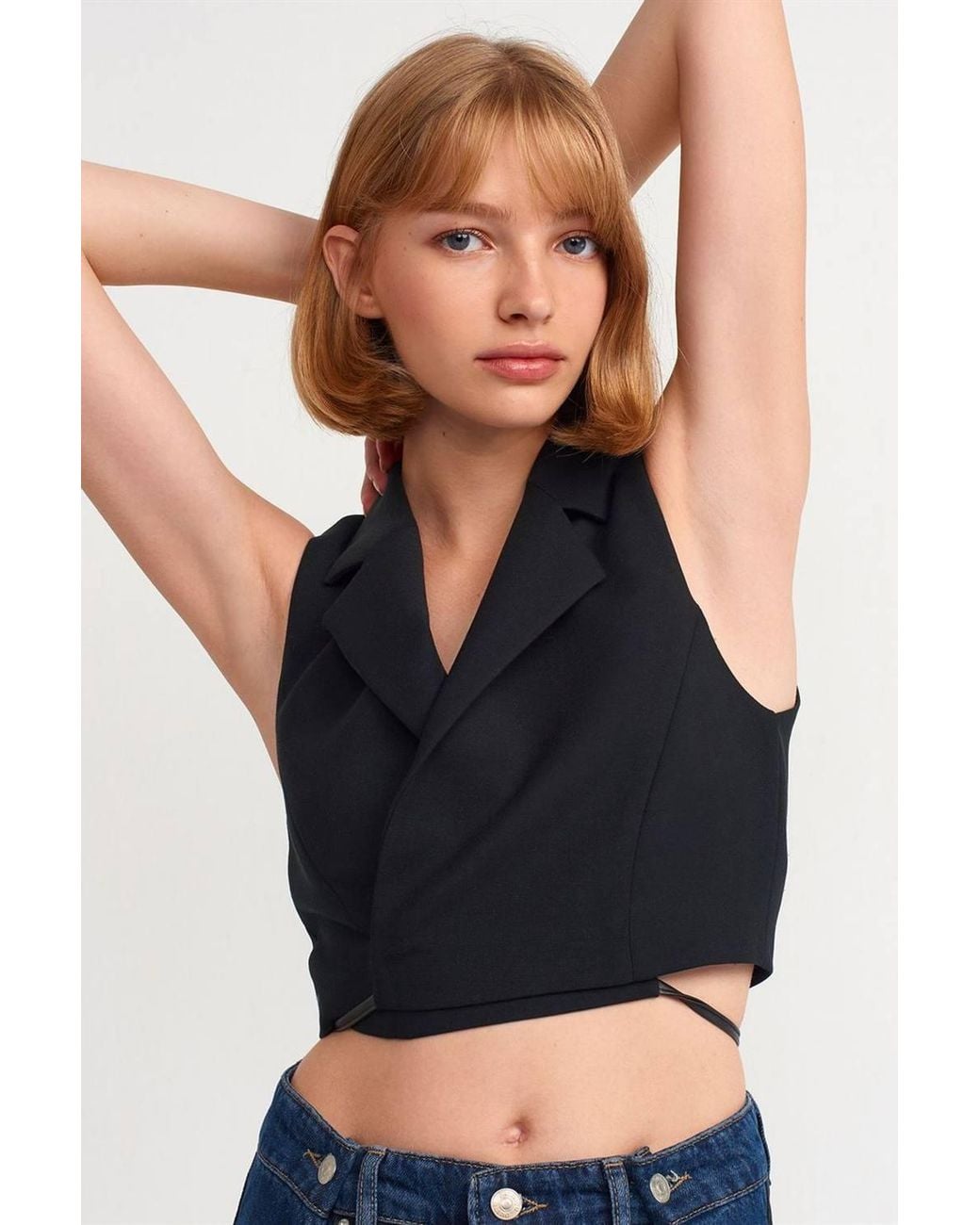 Dilvin Blue Fitted Crepe Crop Blouse With Tie Front