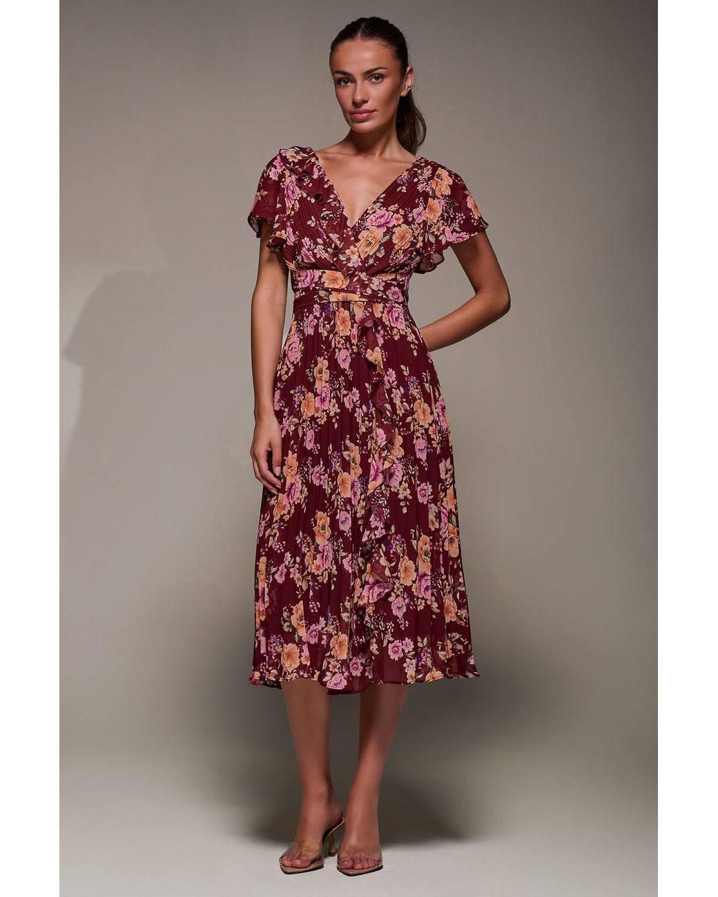 Jolie Moi Red Printed Ruffle Detail Pleated Chiffon Midi Dress