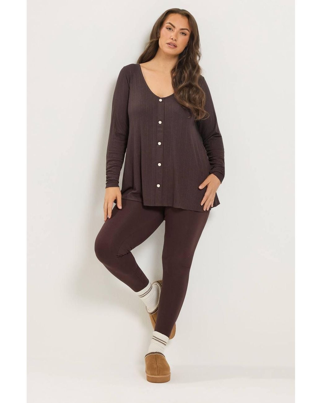 Yours Brown Ribbed Button Front Top