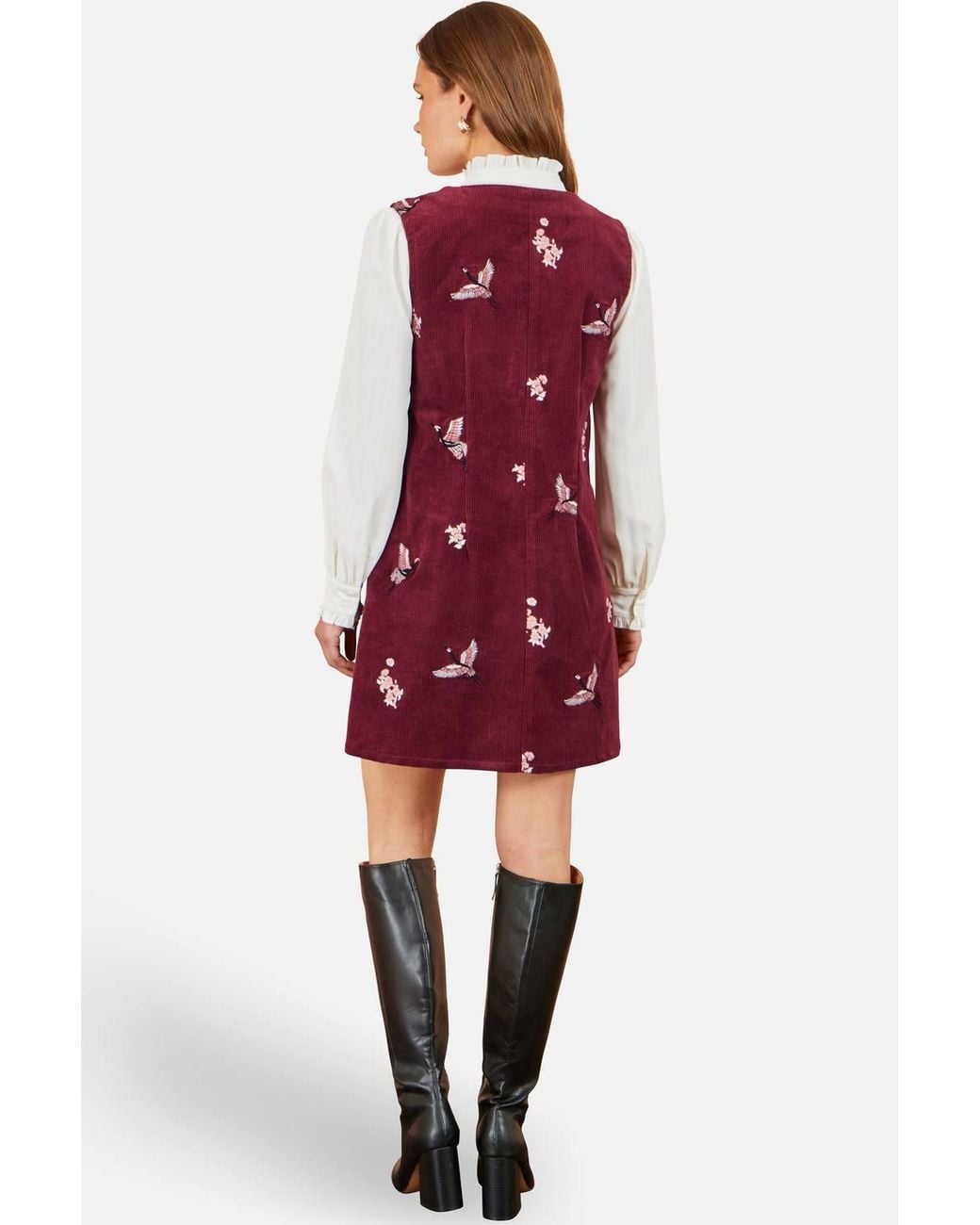 Yumi' Red Crane Embroidery Button Up Pinafore Dress