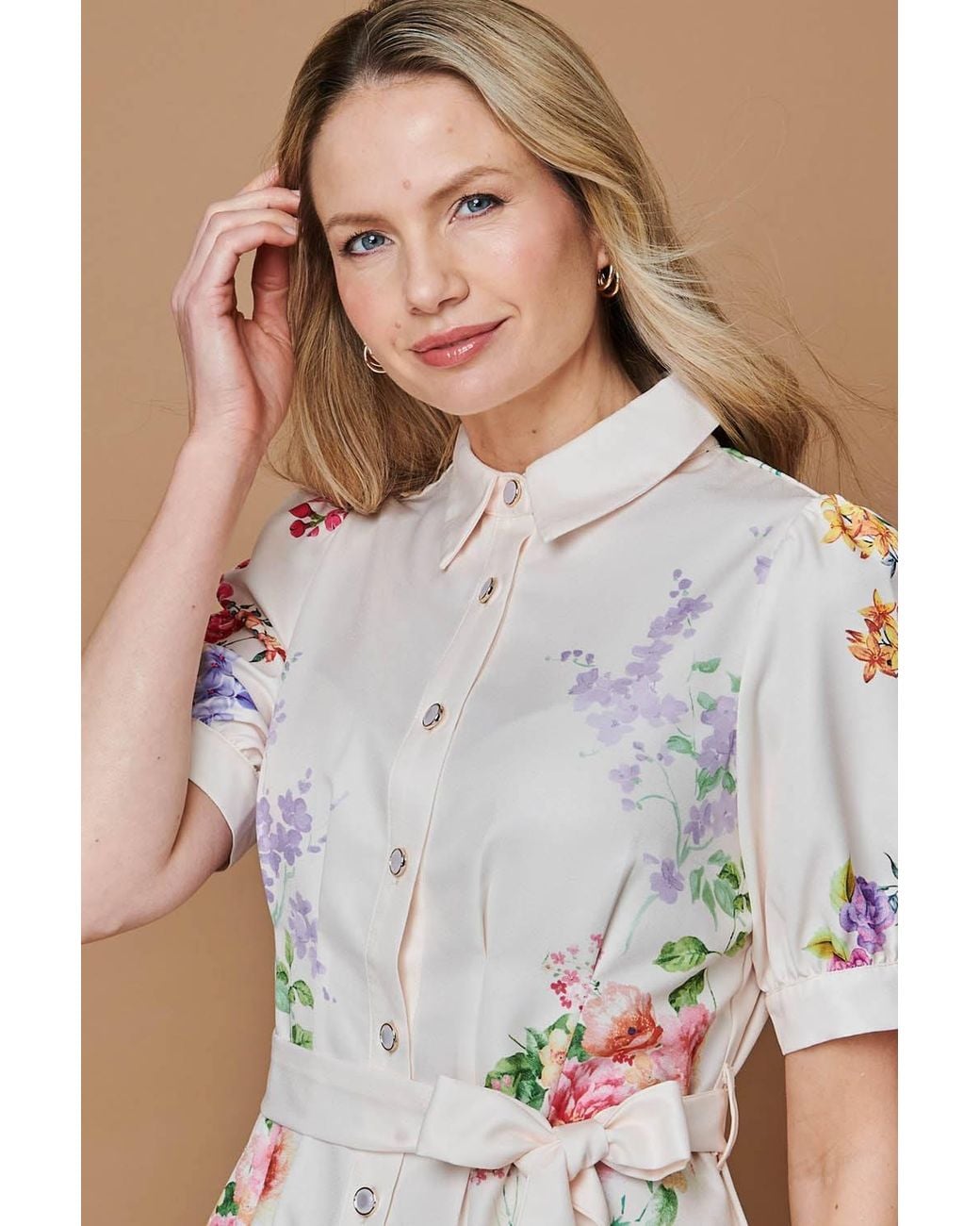 Izabel London Brown Floral 1/2 Sleeve Tie Waist Midi Dress