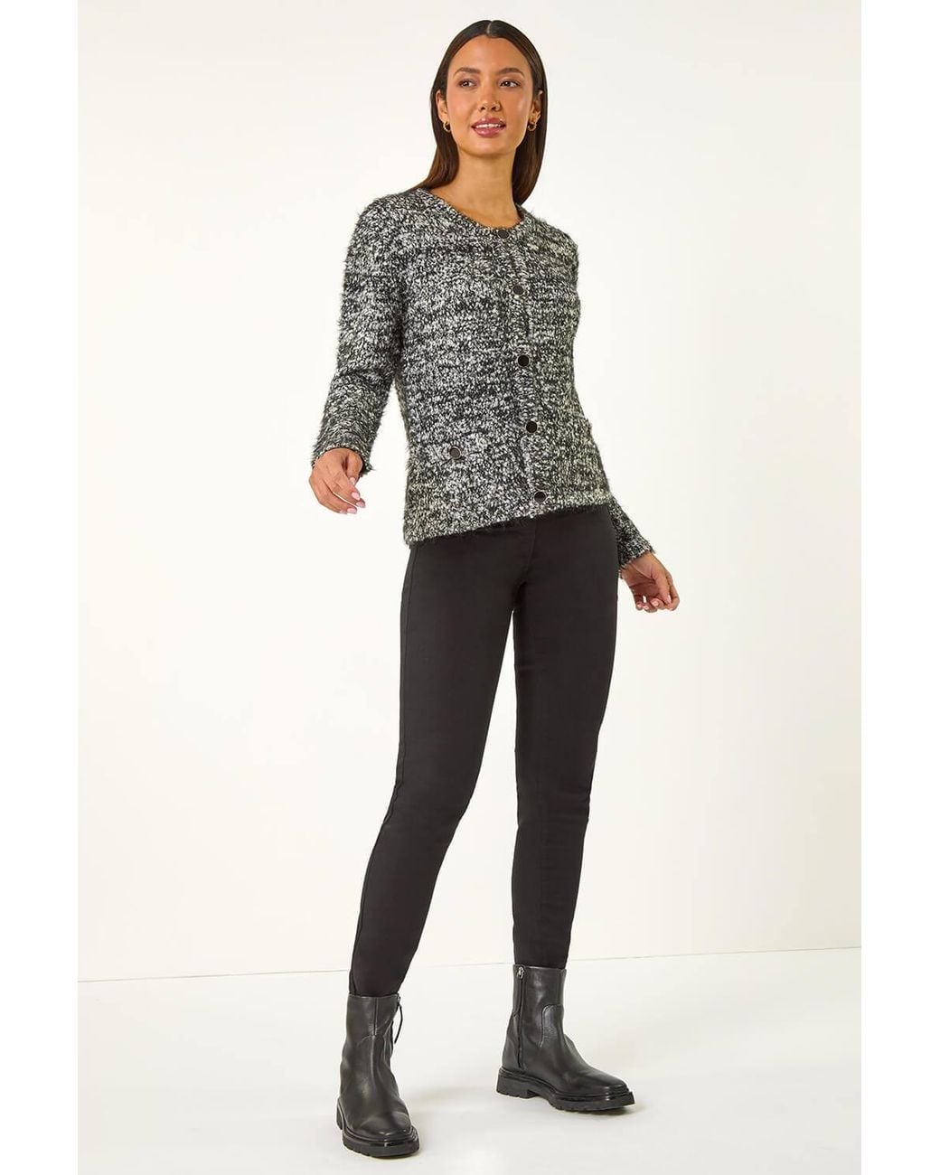 Roman Gray Fluffy Buttoned Knit Cardigan