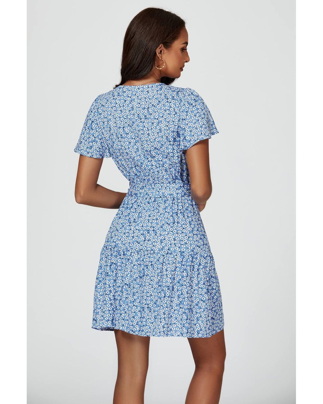 FS Collection Blue Floral Print Hem Tiered Wrap Mini Dress