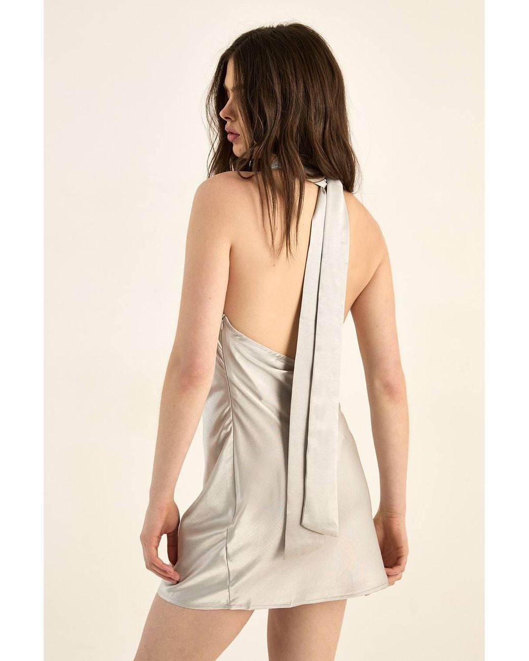 Nasty Gal Natural Satin Wrap Tie Neck Cowl Front Mini Dress