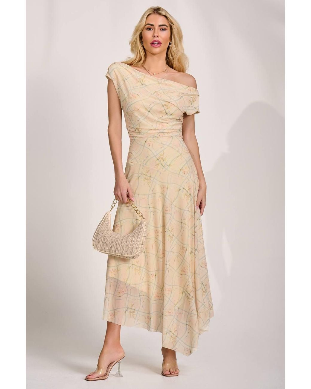 Jolie Moi Natural Asymmetric Draped Mesh Maxi Dress