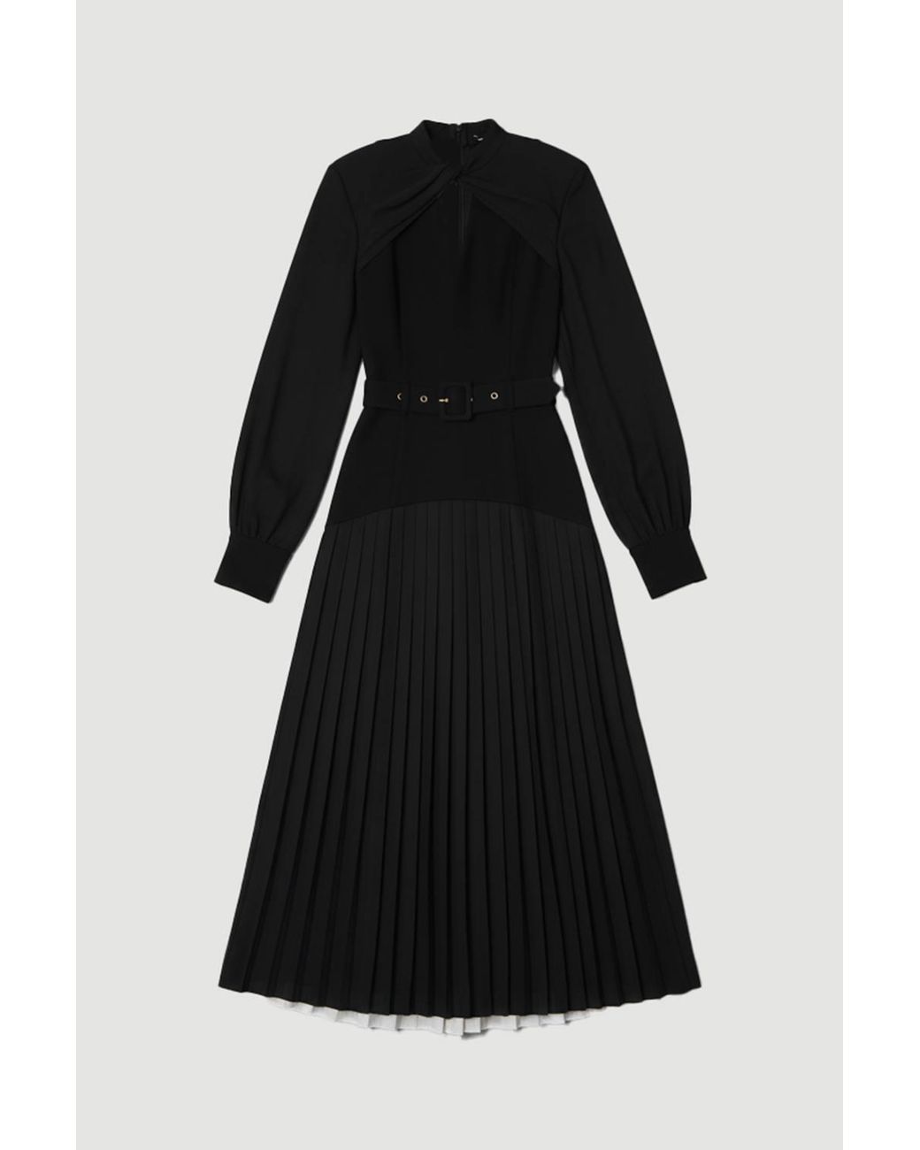 Karen Millen Black Ponte And Georgette Mix Balloon Sleeve Cut Out Detail Pleated Maxi Dress