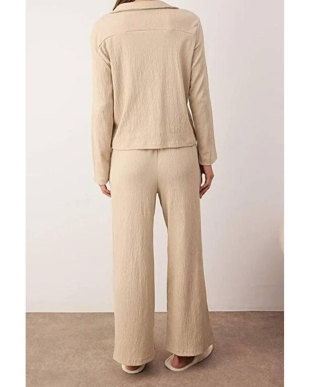 WOVCOR Natural Crinkle Textured Revere Collar Long Sleeve Knit Wide Leg Pyjama Set