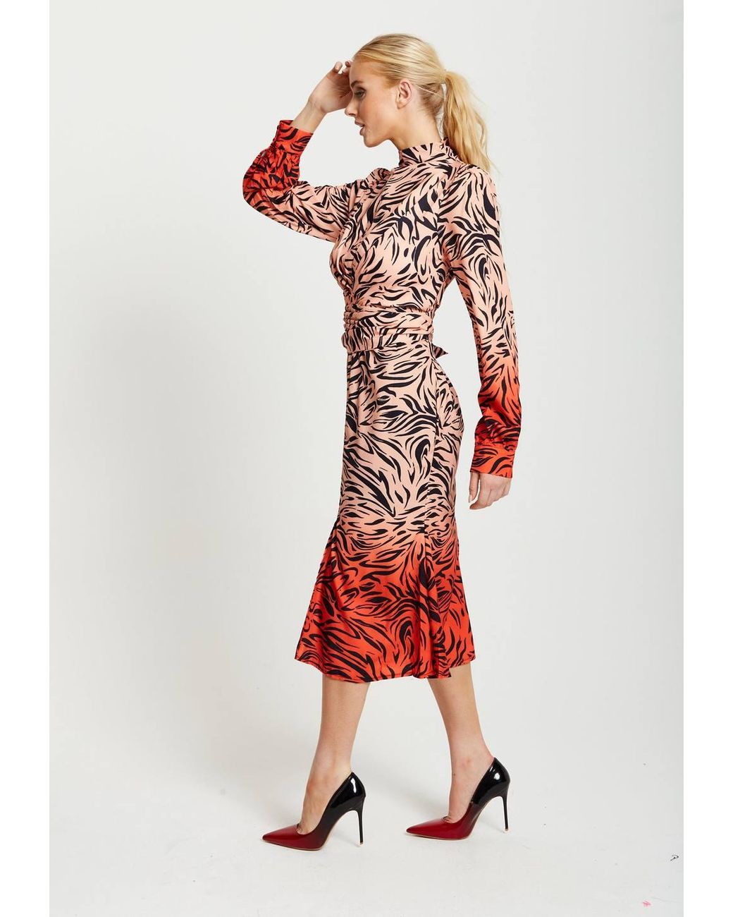 Liquorish Red Zebra Print Midi Dress W/ High Neck & Draped Waist Detail