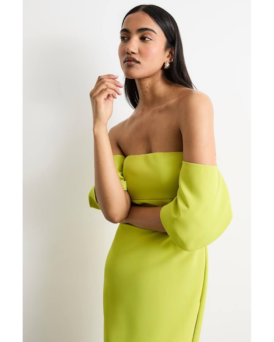 Warehouse Yellow Stretch Crepe Bardot Column Midi Dress