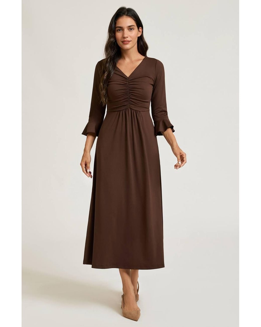 FS Collection Brown Fluted Sleeves Ruched Jersey Midi Dress