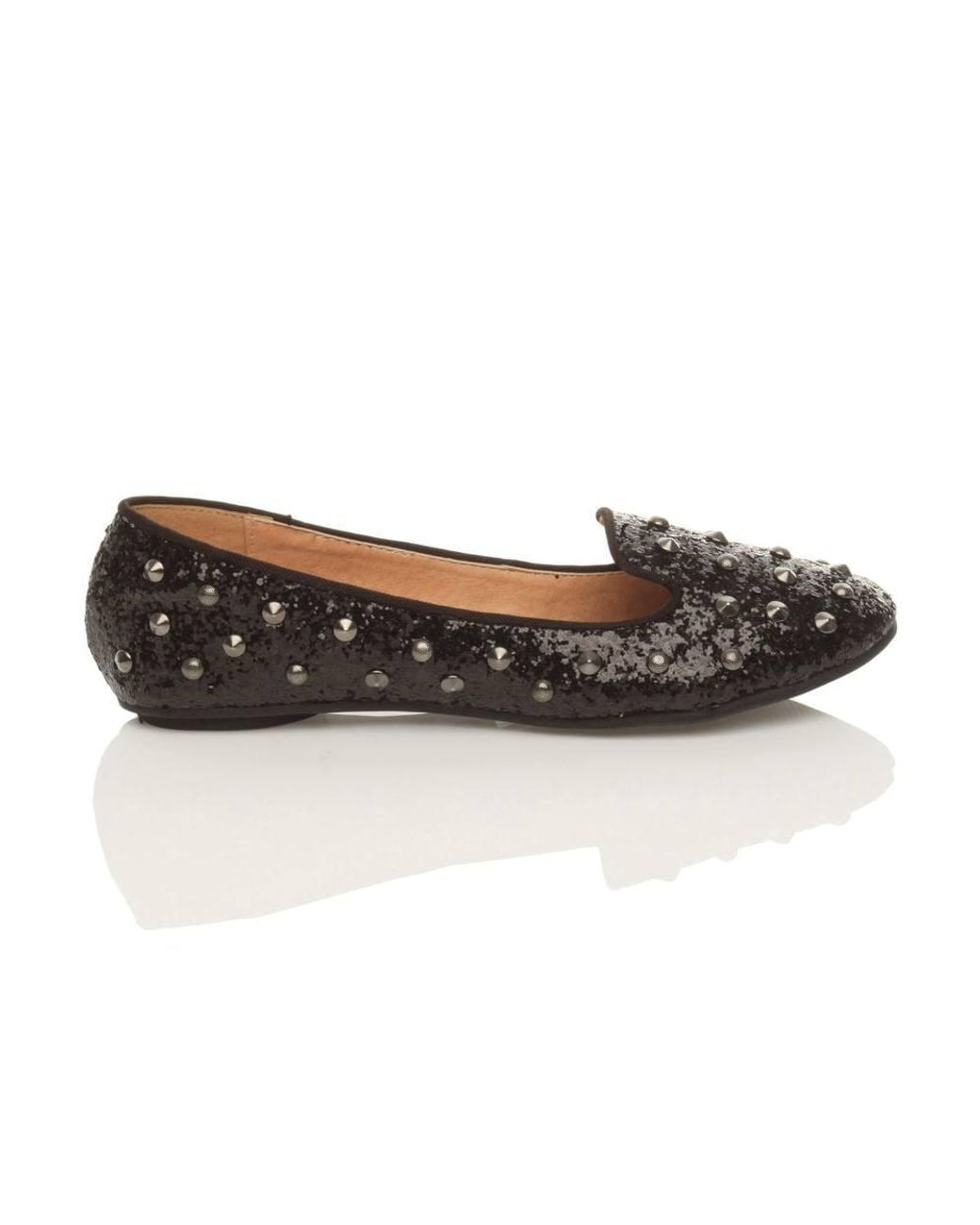 AJVANI Black Flat Heel Studded Glitter Loafers Ballet Pumps