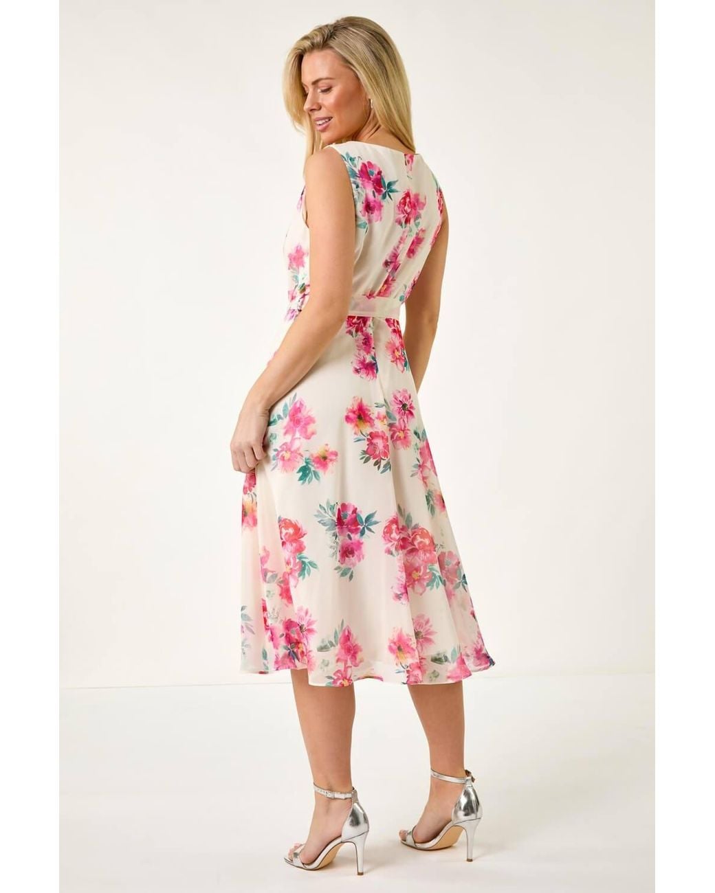 Roman Pink Petite Floral Cowl Neck Midi Dress