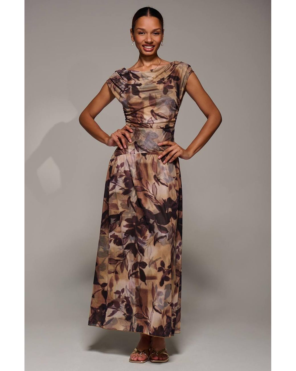 Jolie Moi Brown Asymmetric Draped Mesh Maxi Dress
