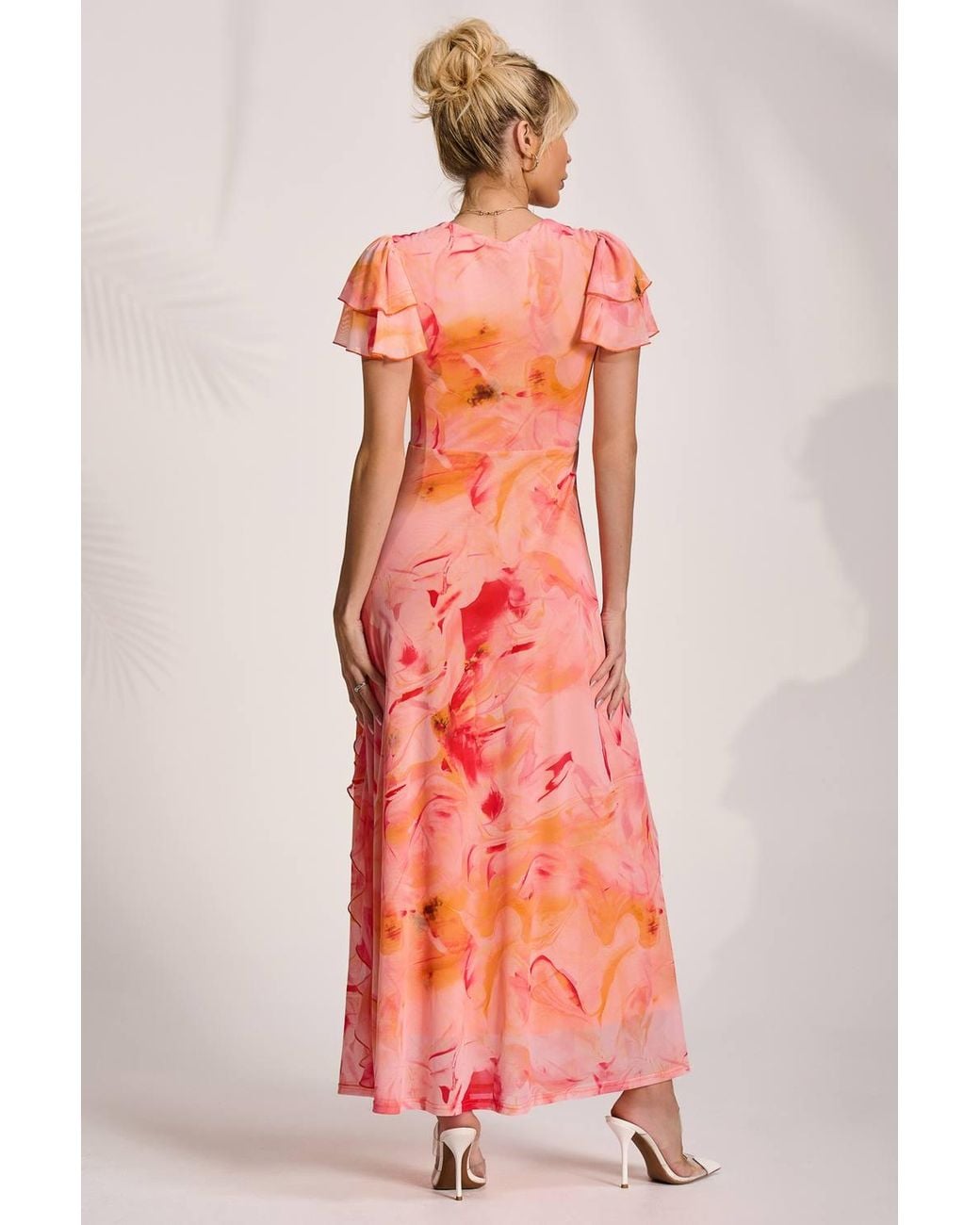Jolie Moi Red Cap Sleeve Ruffle Mesh Maxi Dress
