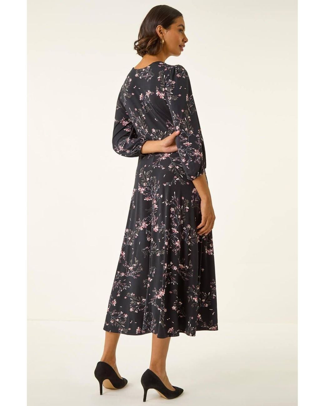 Roman Black Floral Print Stretch Midi Dress
