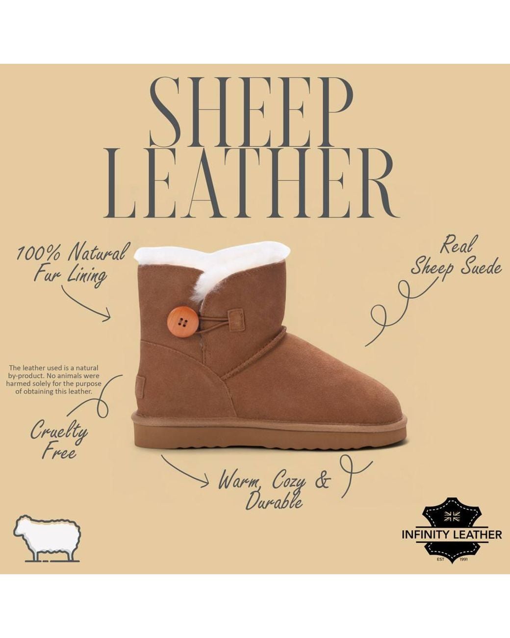 Infinity Leather Brown Sheepskin Suede Ankle Bootie Warm Winter Boots