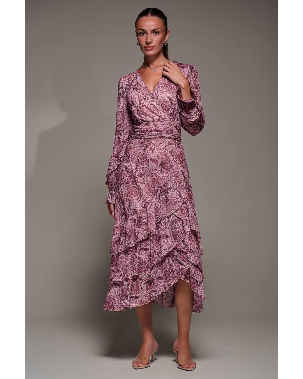Jolie Moi Pink Long Sleeve Frill Detail Mesh Maxi Dress