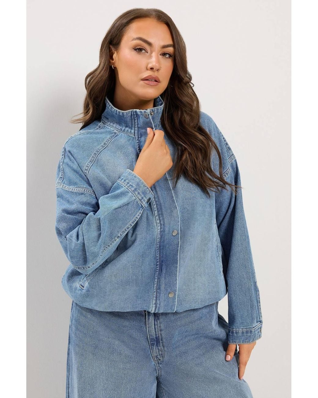 Yours Blue Denim Funnel Neck Bomber Jacket