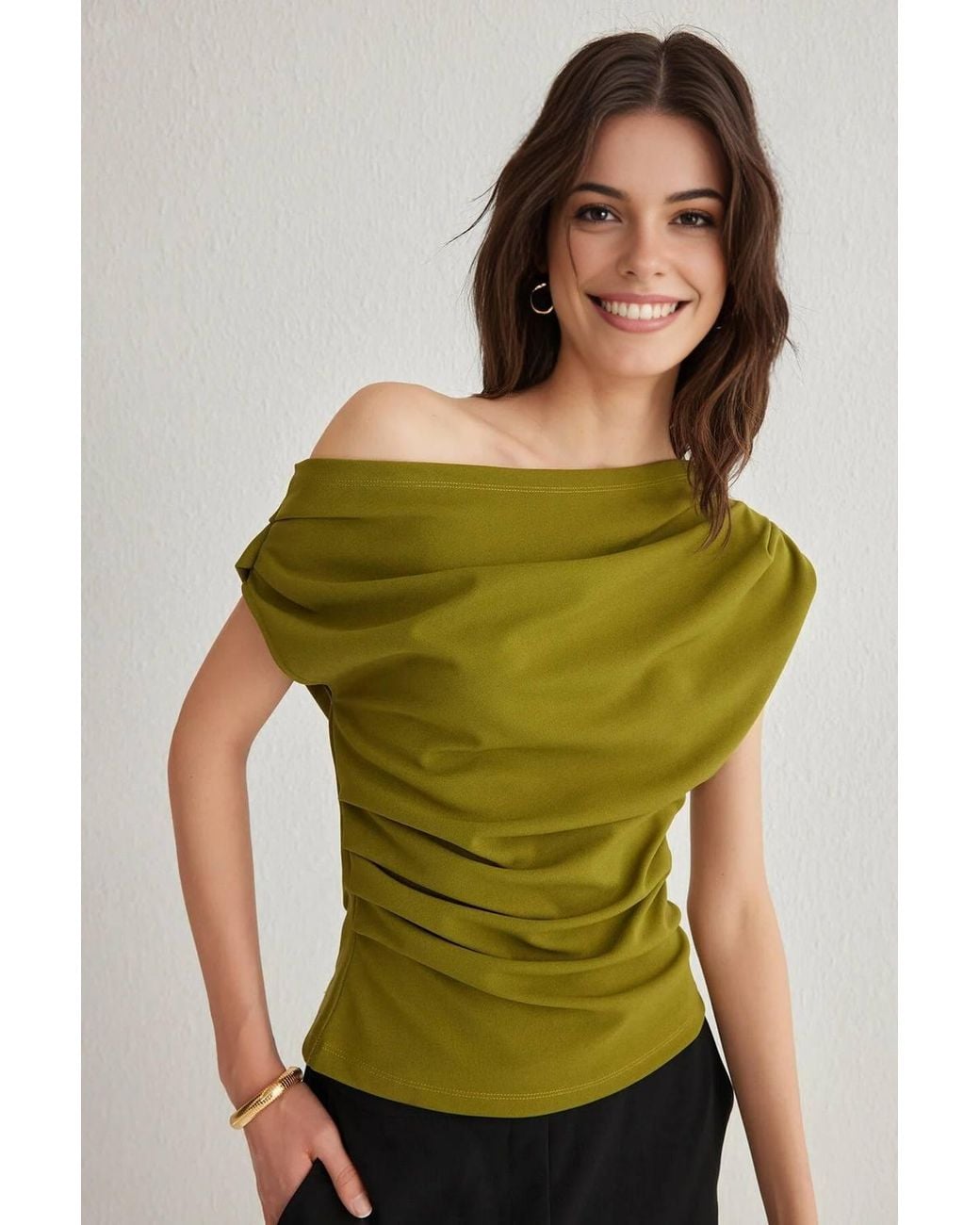 WOVCOR Green Draped Bardot Neck Ruched Detail Sleeveless Top