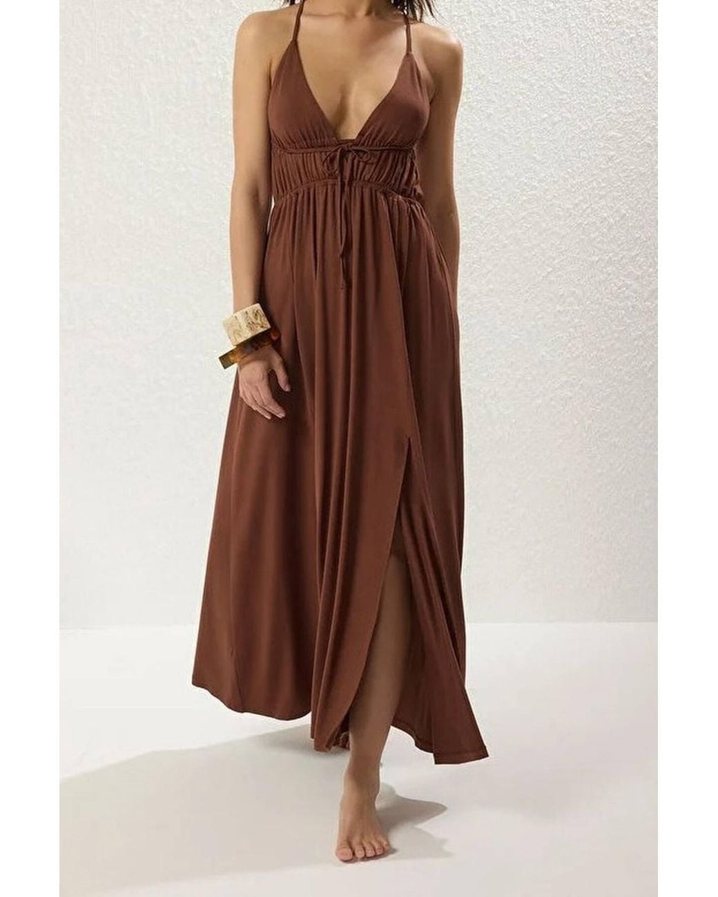 WOVCOR Brown Strappy Maxi Beach Dress W/ Front Tie Detail & Split