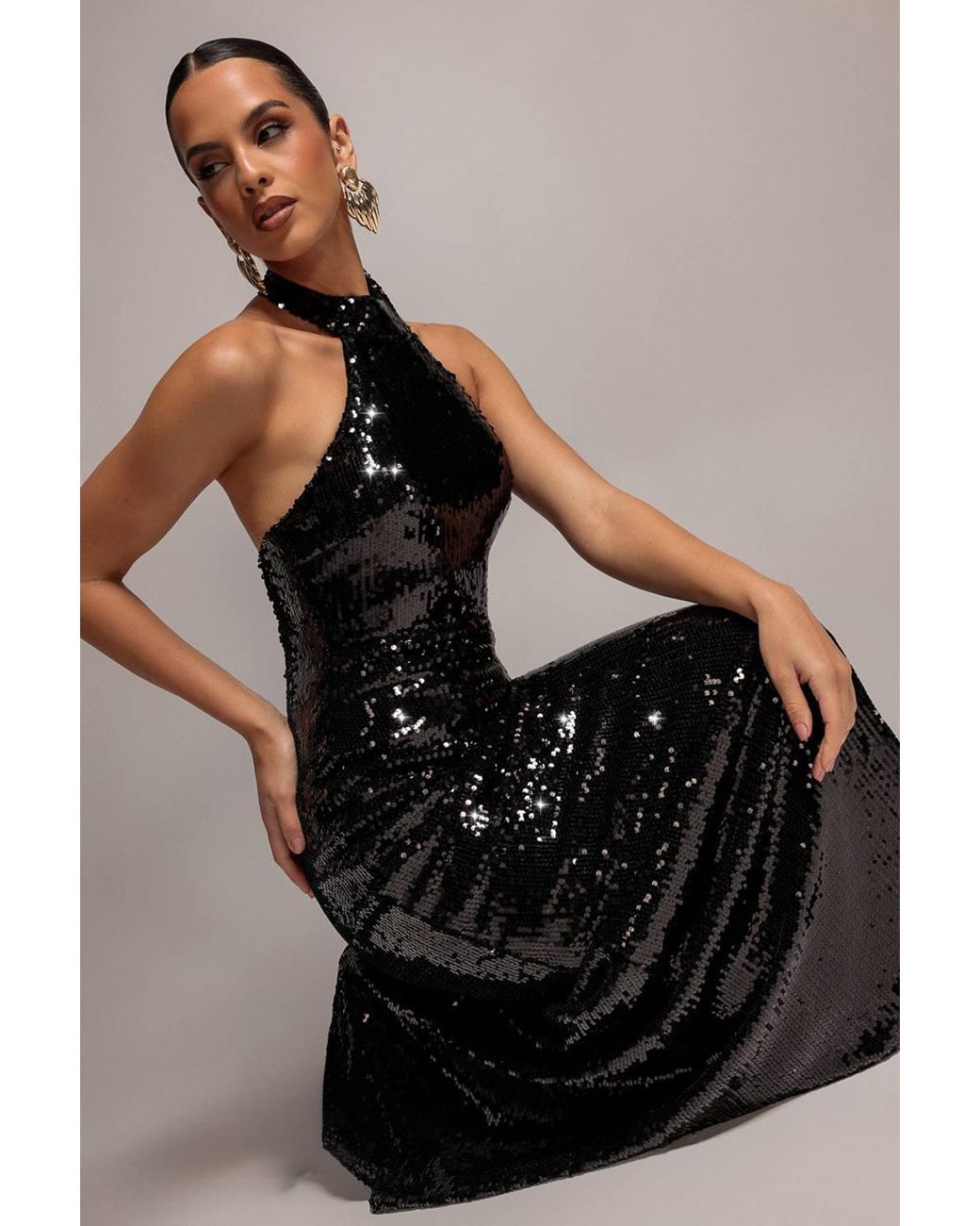 Goddiva Black Sequin Open Back Halter Neck Maxi Dress
