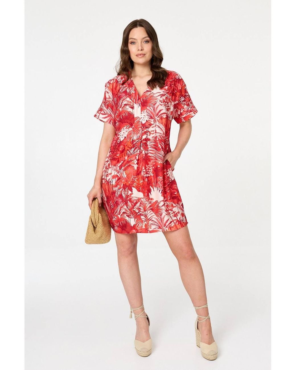 Izabel London Red Tropical Print Short Sleeve Shift Dress