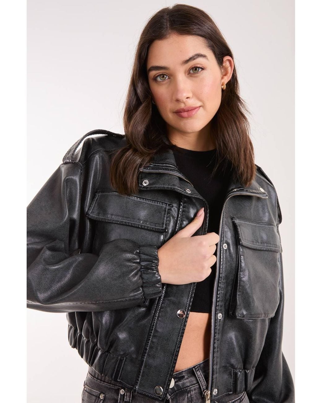 Pink Vanilla Black Pu Utility Cropped Bomber Jacket