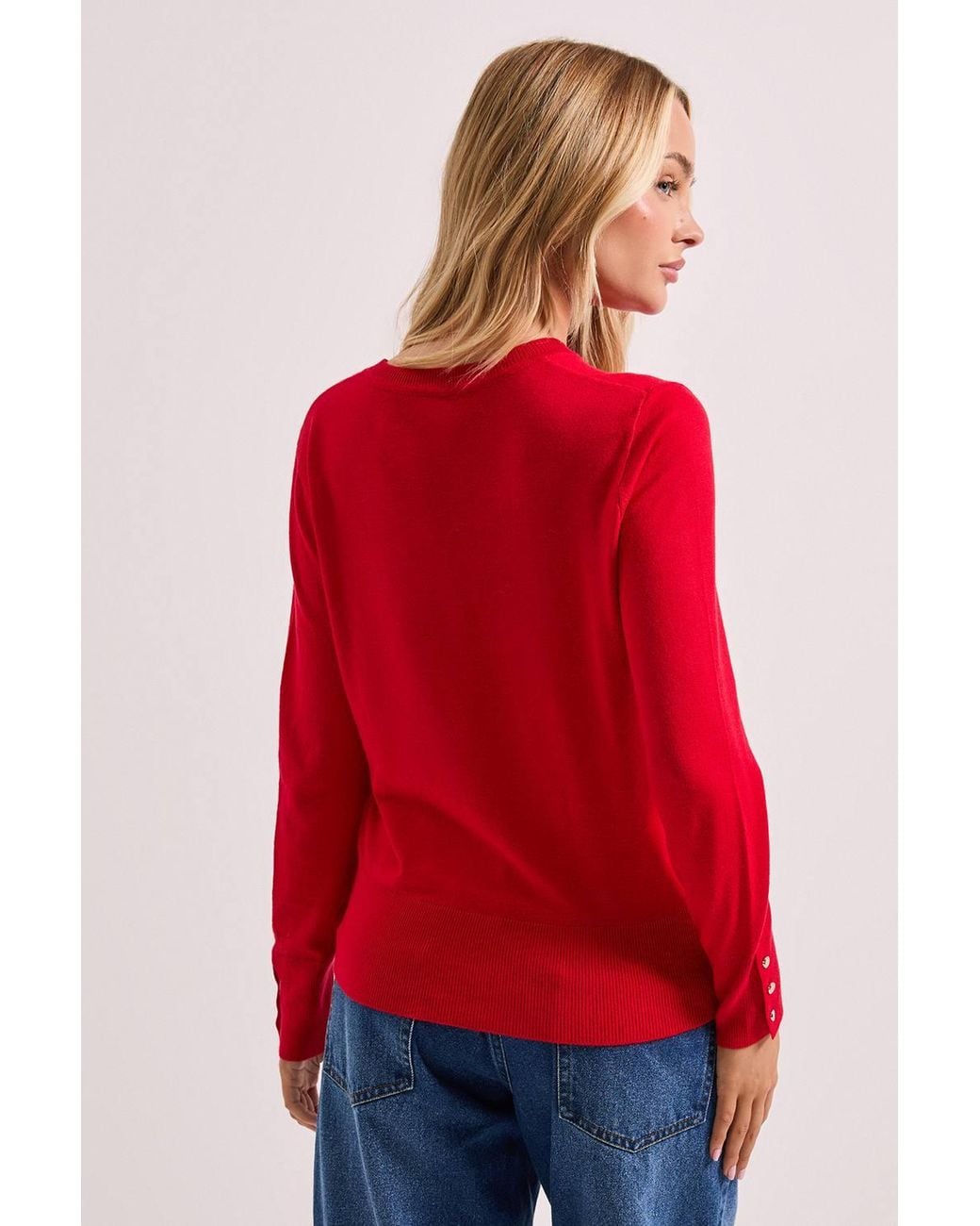 Dorothy Perkins Red Crew Neck Button Cuff Sweater