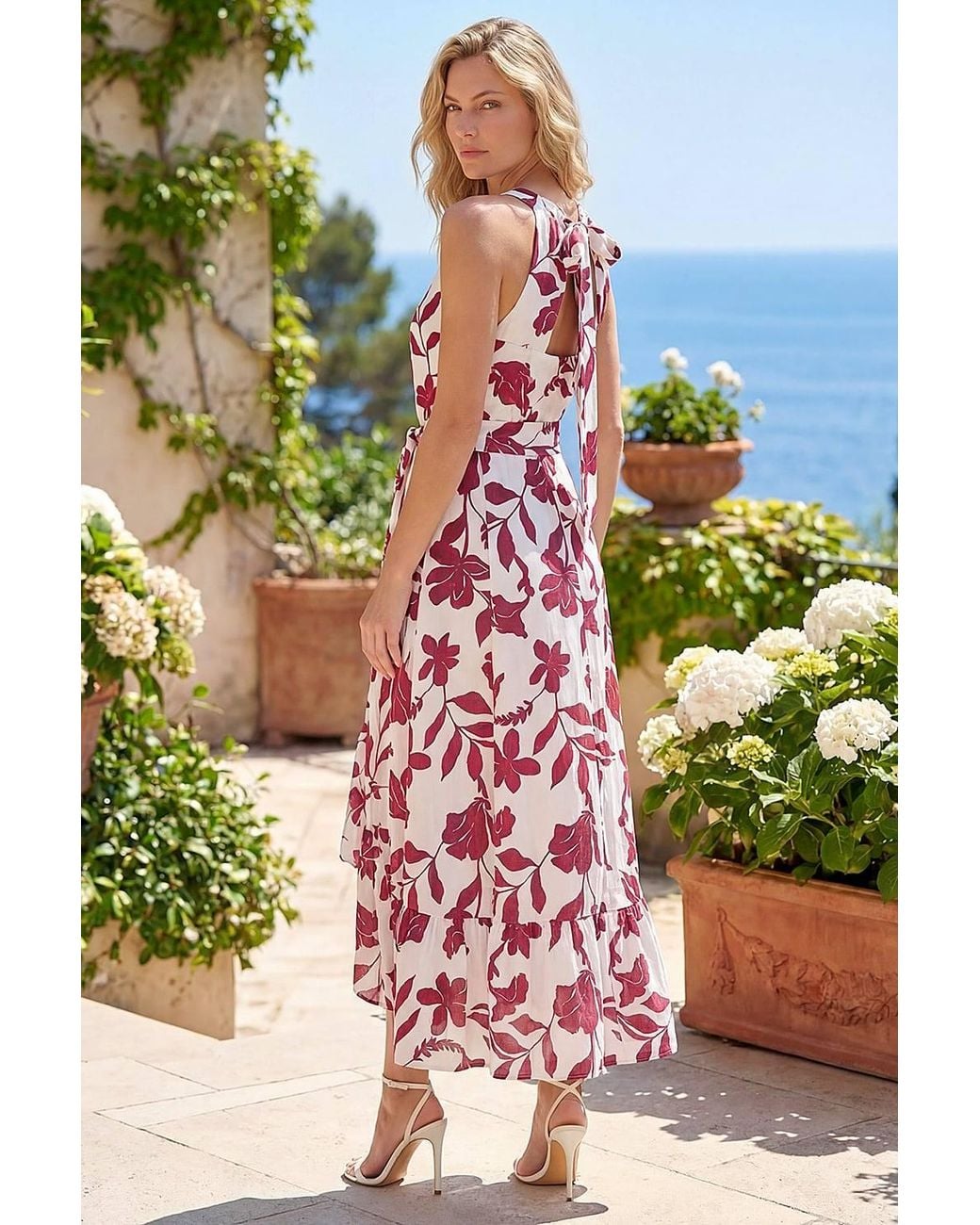 Roman Red Floral Jacquard Halter Neck Dress