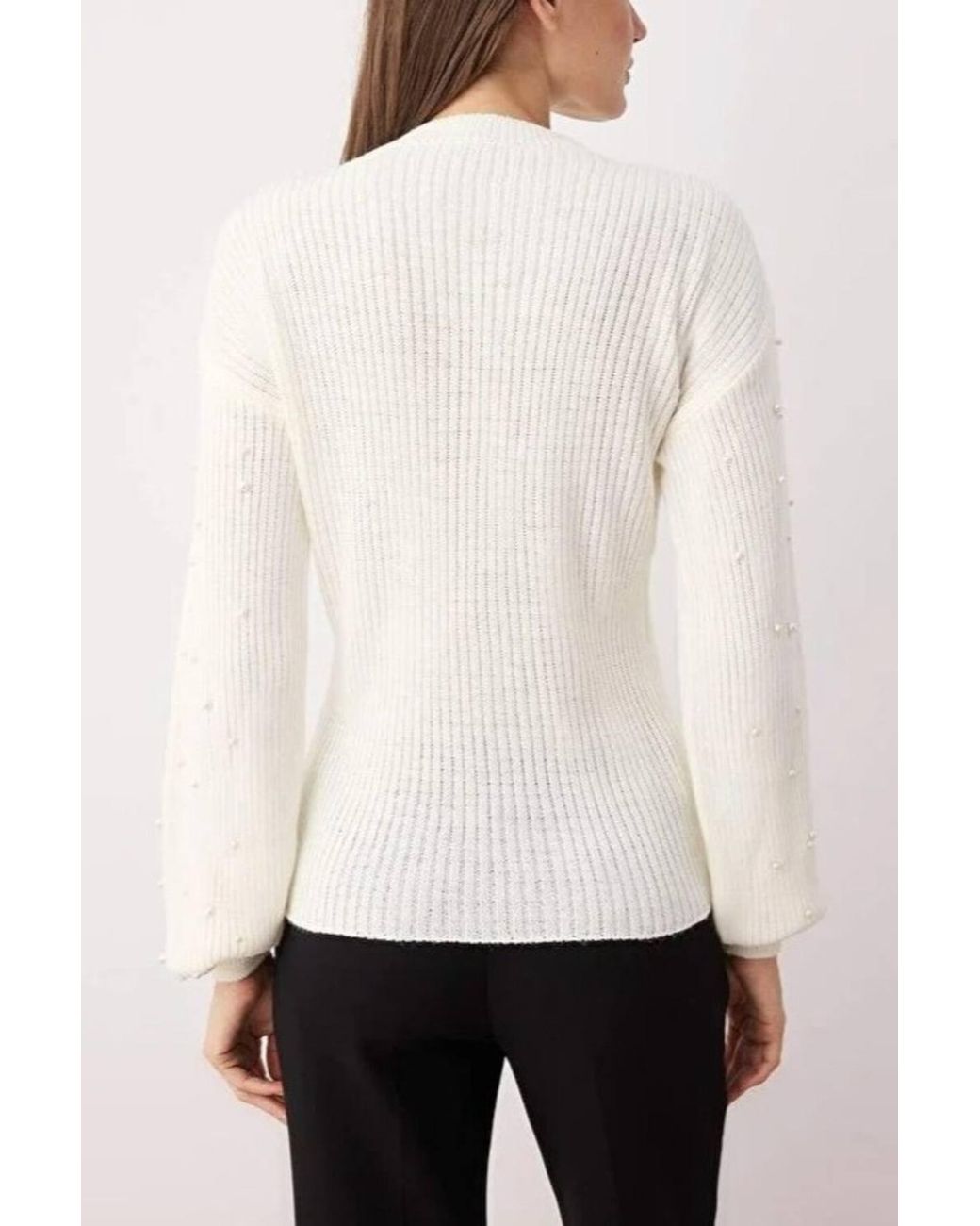WOVCOR White Crew Neck Knit Sweater W/ Pearl Details