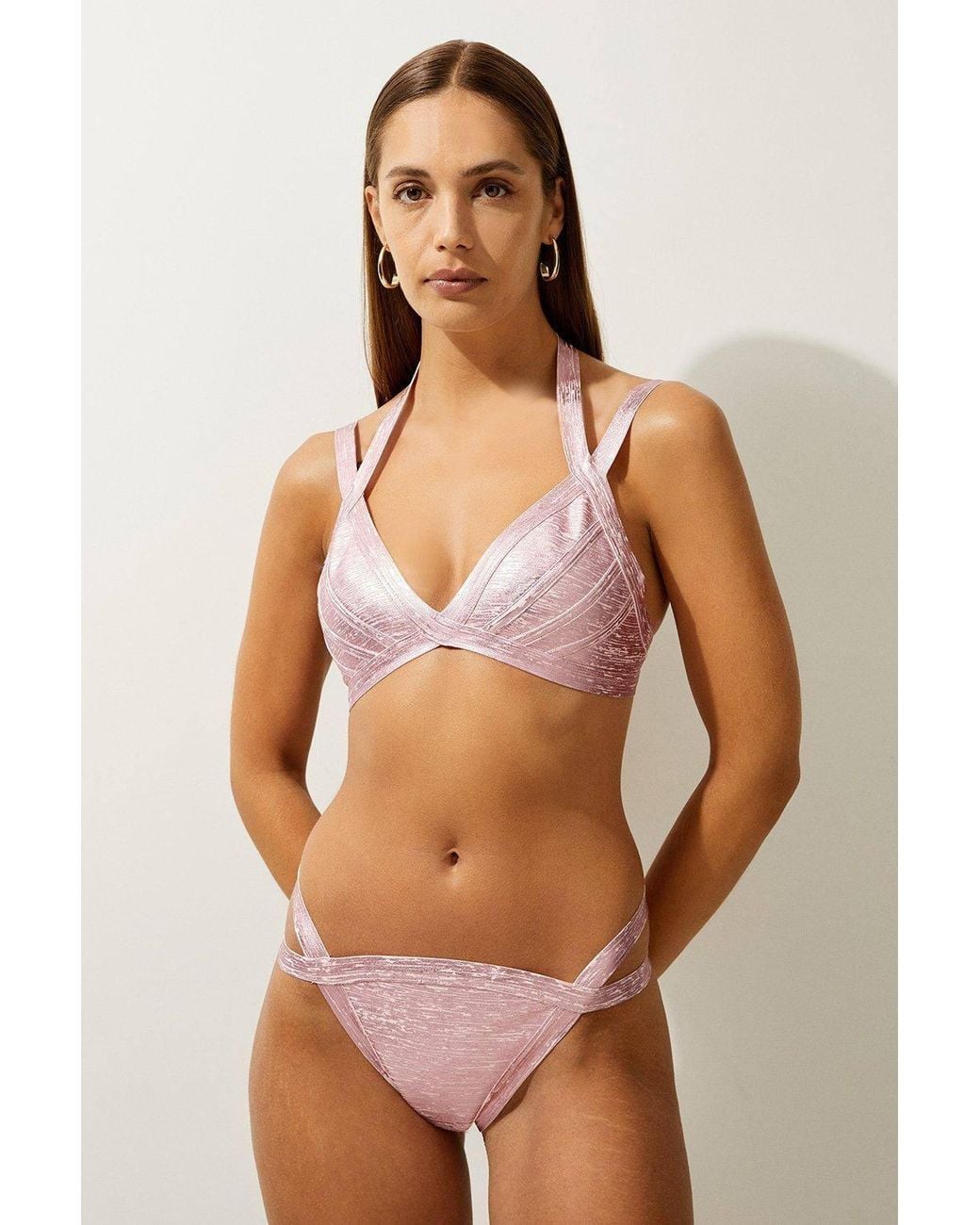 Karen Millen Metallic Foiled Bandage Double Strap Bikini Bottoms