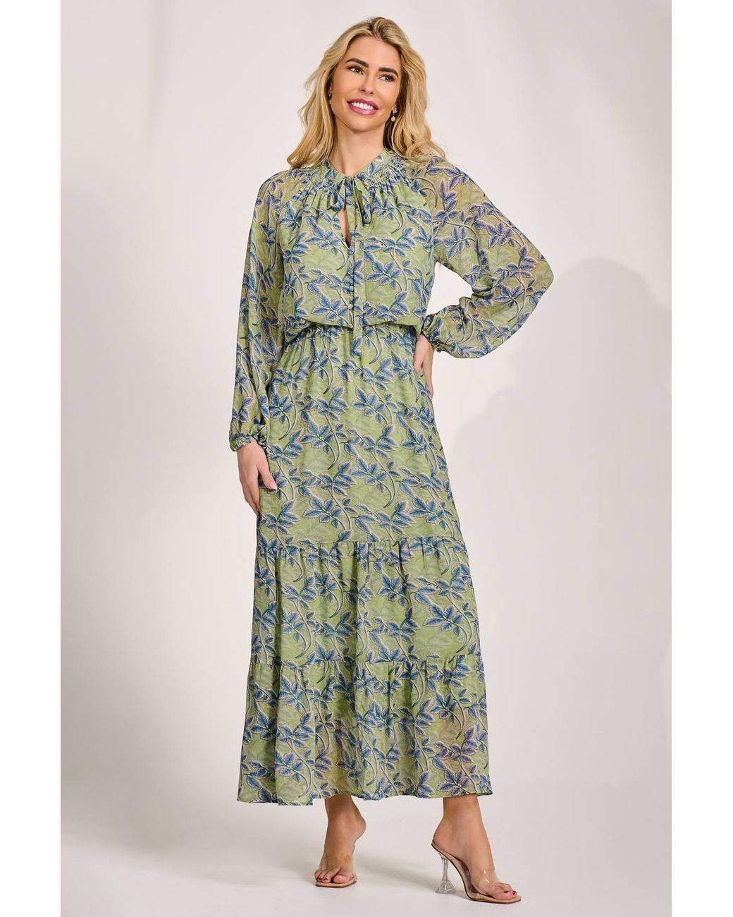 Jolie Moi Green Chiffon Long Sleeve Tiered Maxi Dress