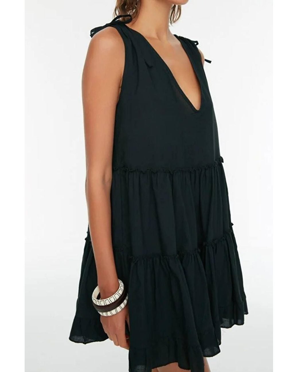WOVCOR Blue Cotton Tiered Mini Dress W/ Tie Shoulder Detail