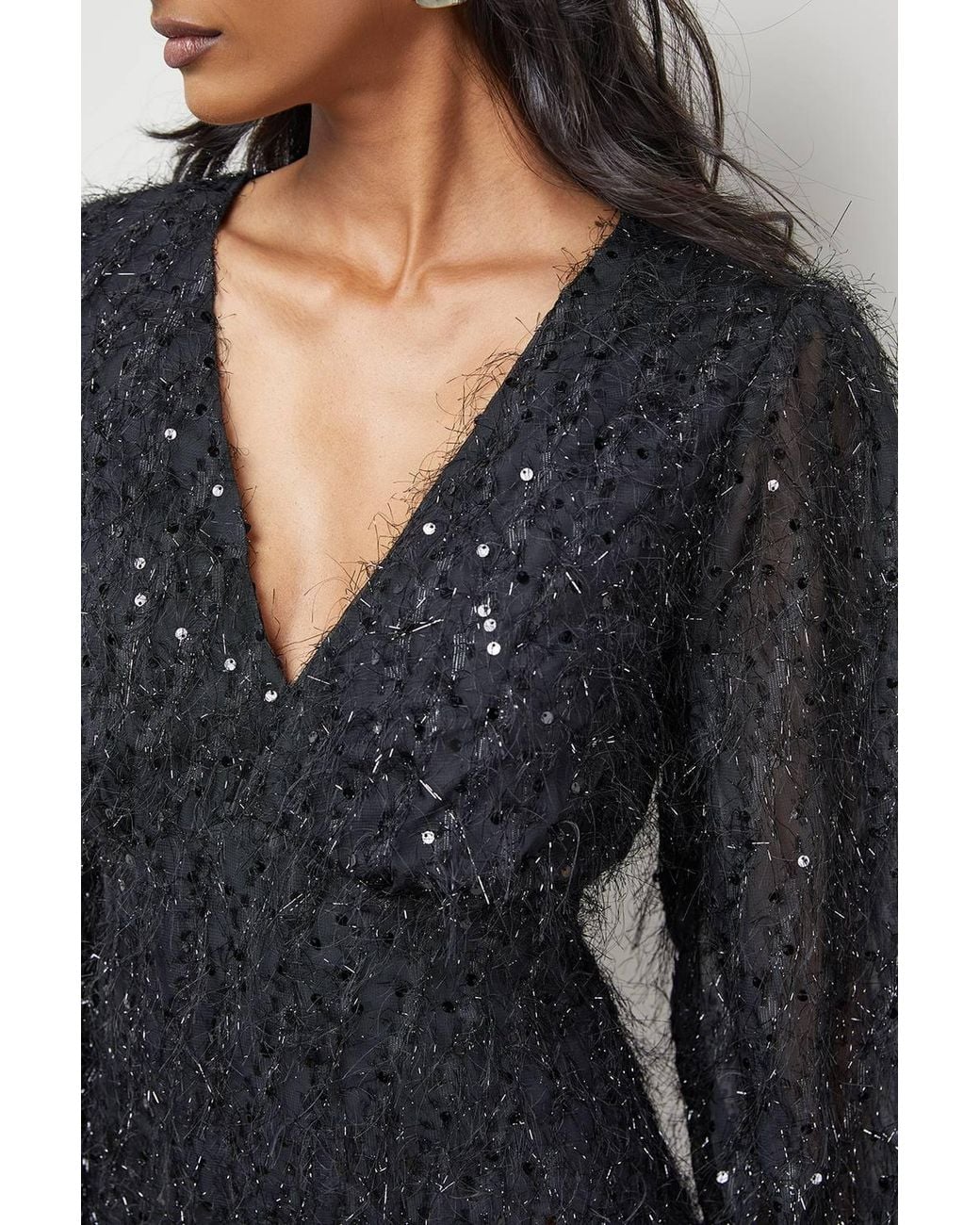 Warehouse Blue Sequin Embellished Fluffy Plunge Neck Midi Dress