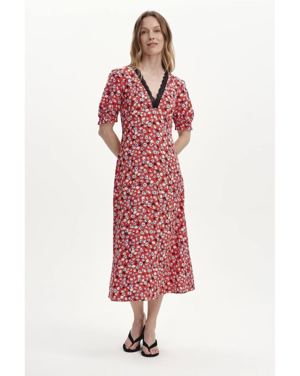 Finery London Red Eilish Lace Trim Midi Dress