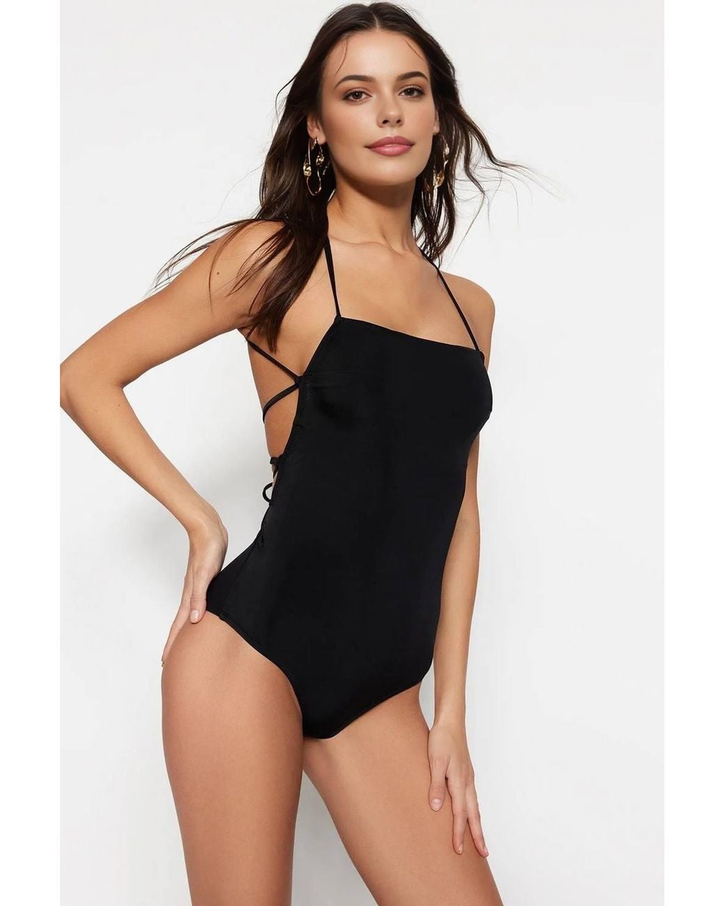 WOVCOR Black Square Neck Strappy Open Back Fitted Swimsuit