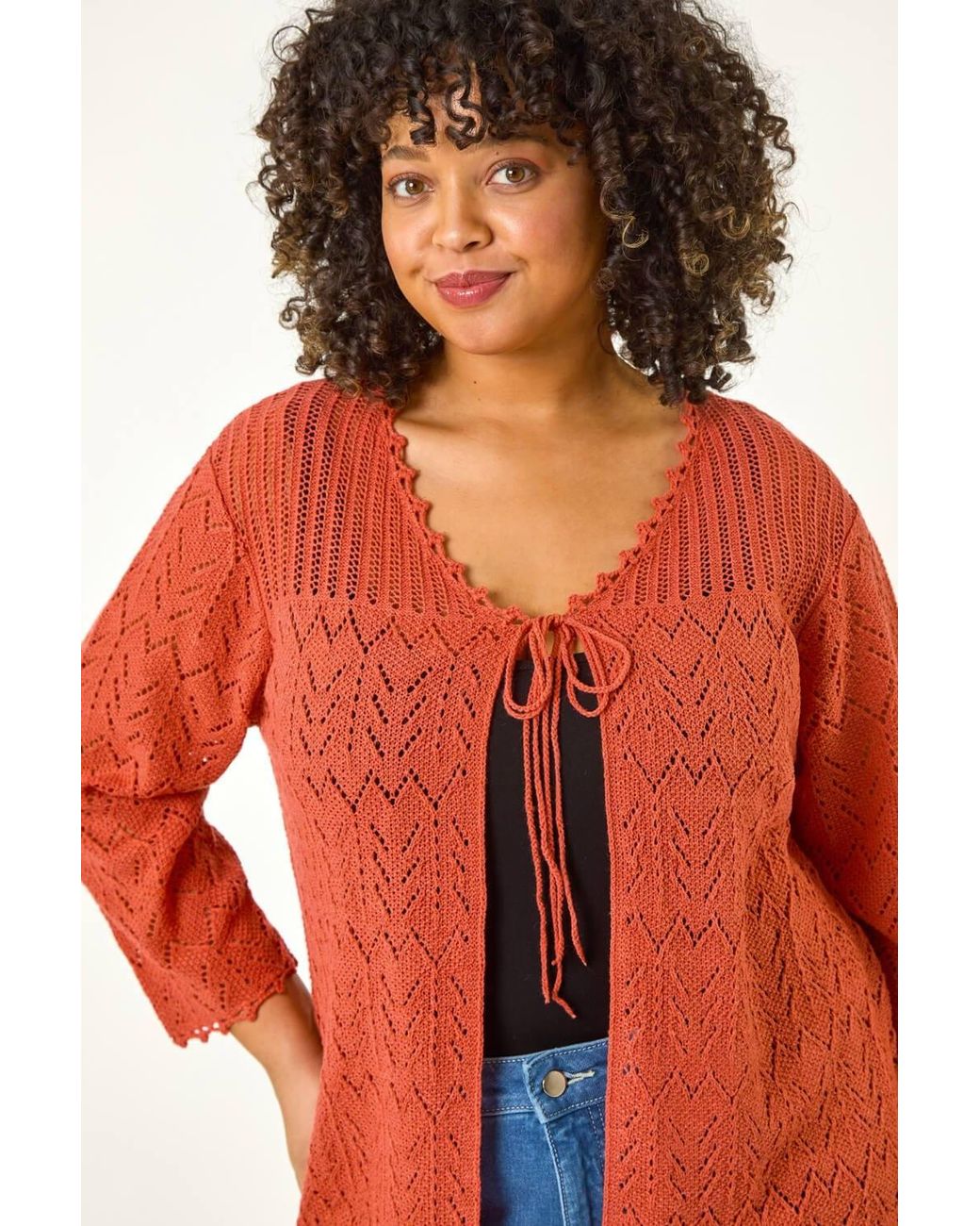Roman Red Curve Crochet Tie Front Cardigan