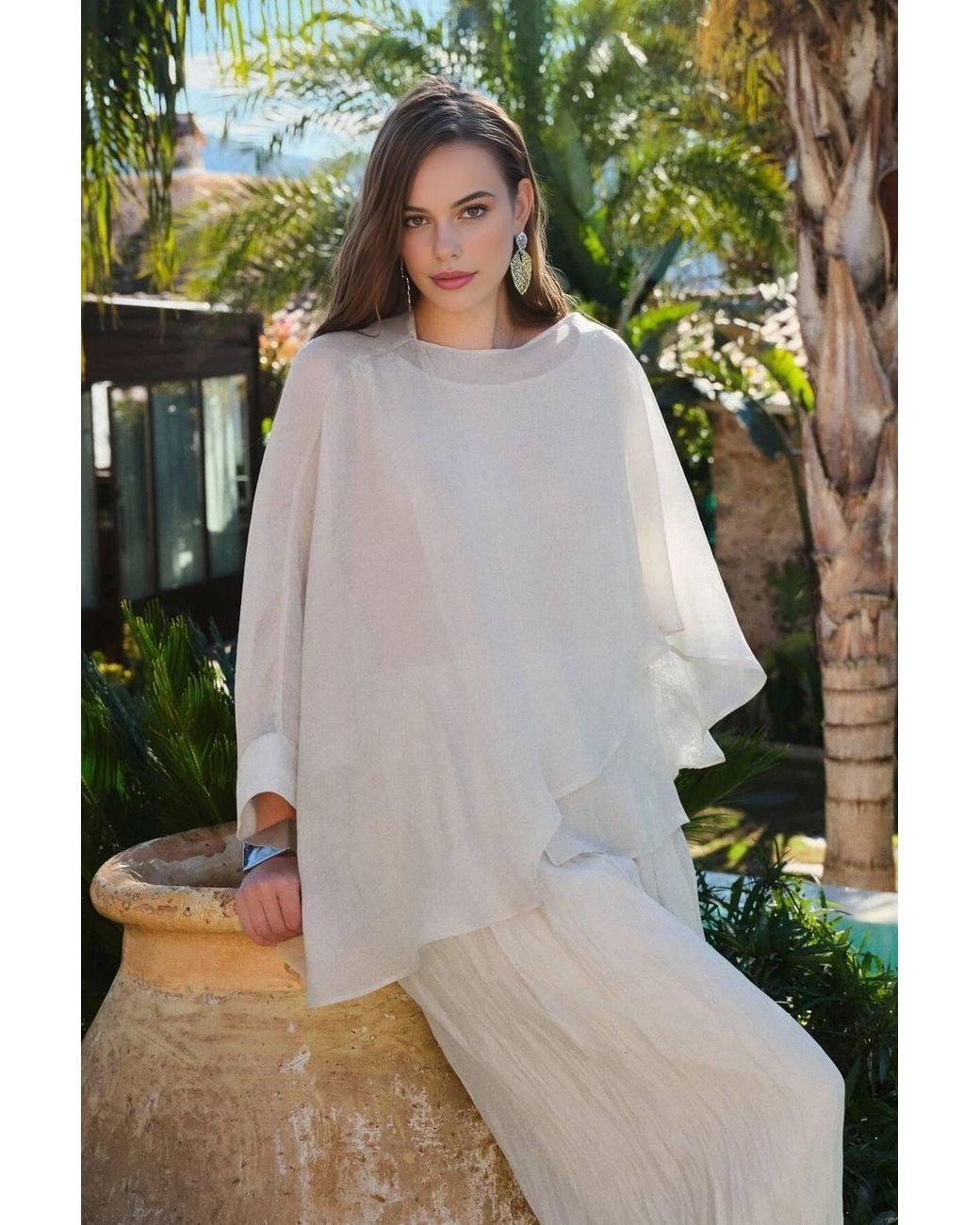 WOVCOR Natural Oversized Batwing Sleeve Bicycle Neck Blouse