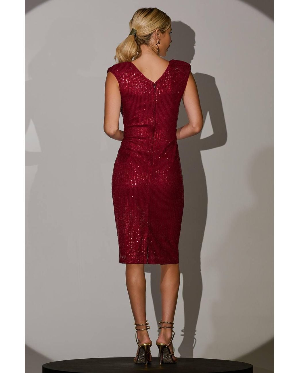Jolie Moi Red Sequin Wrap Bodycon Midi Dress W/ Shou