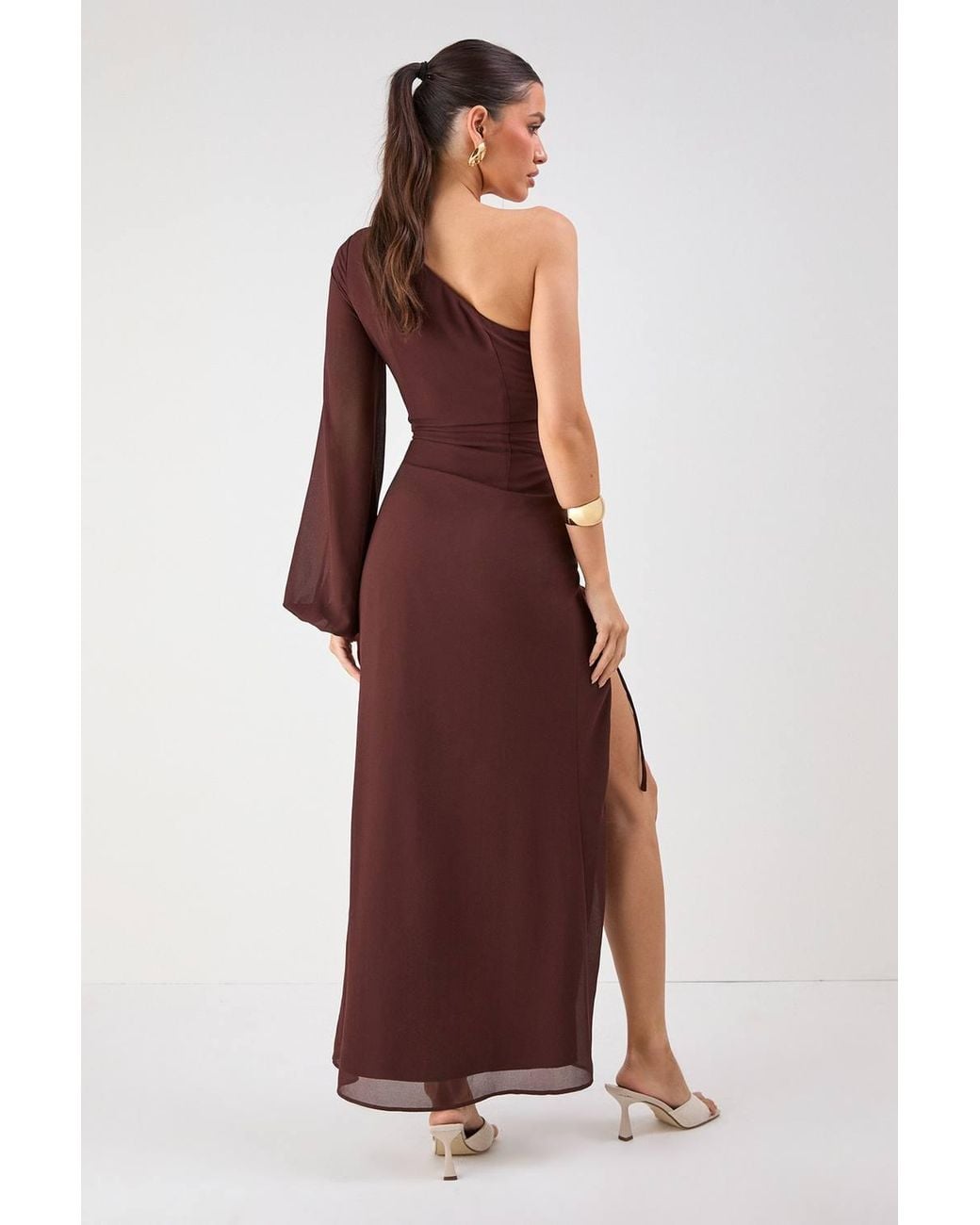 MissPap Brown One Shoulder Ruched Detail Maxi Dress
