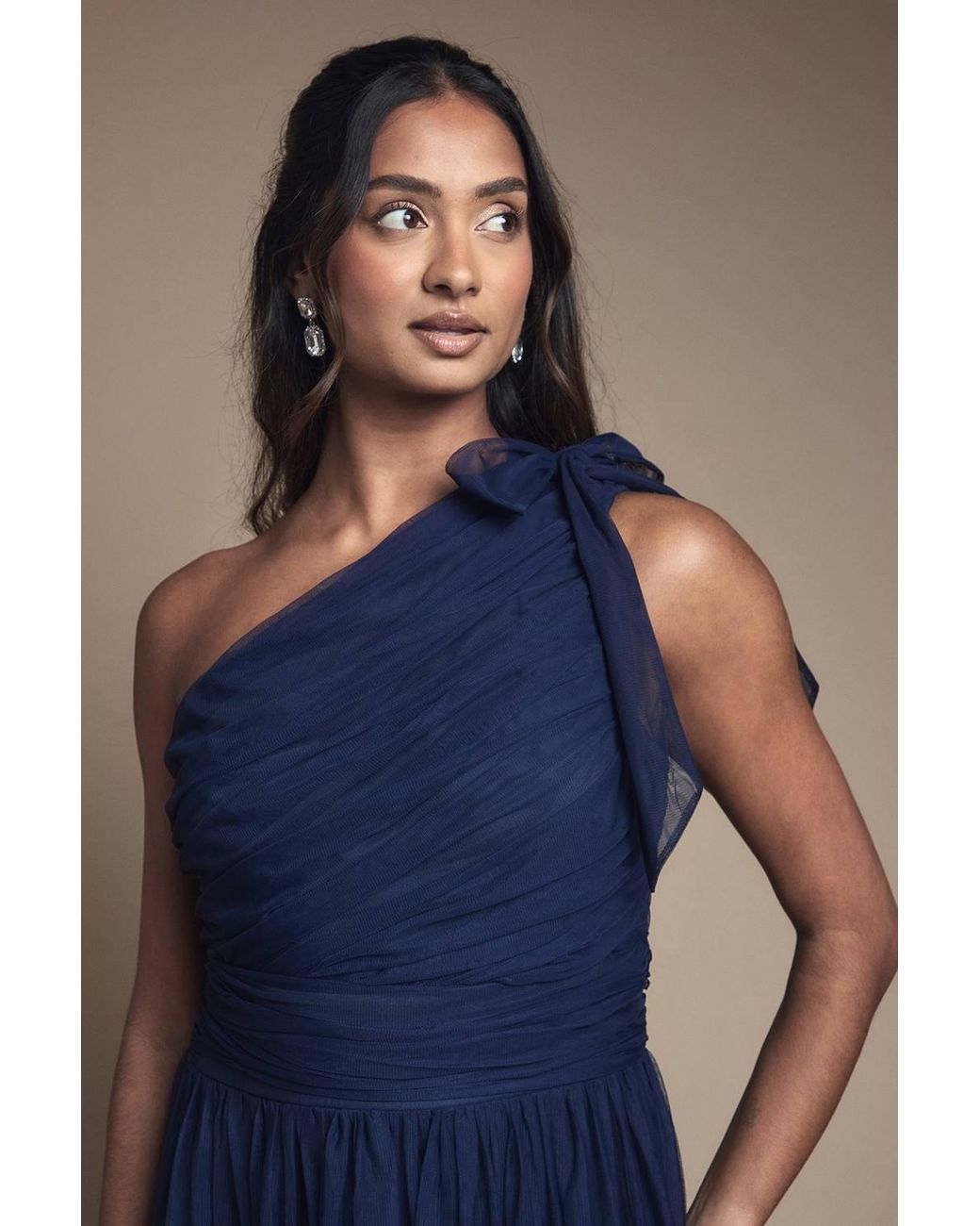 Oasis Blue Pleated Mesh One Shoulder Tiered Maxi Bridesmaid Maxi Dress