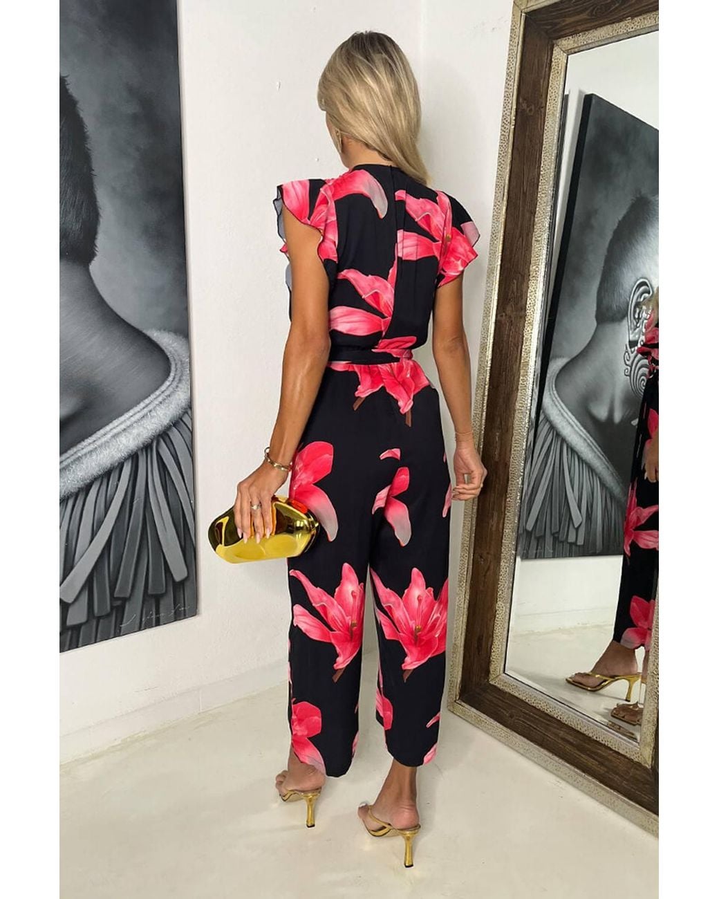 AX Paris Black Cerise Floral Print Wrap Top Belted Jumpsuit