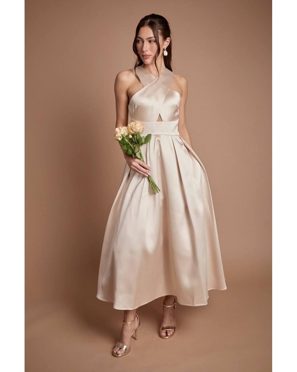 Coast Brown Cross Neck Twill Bridesmaid Dress