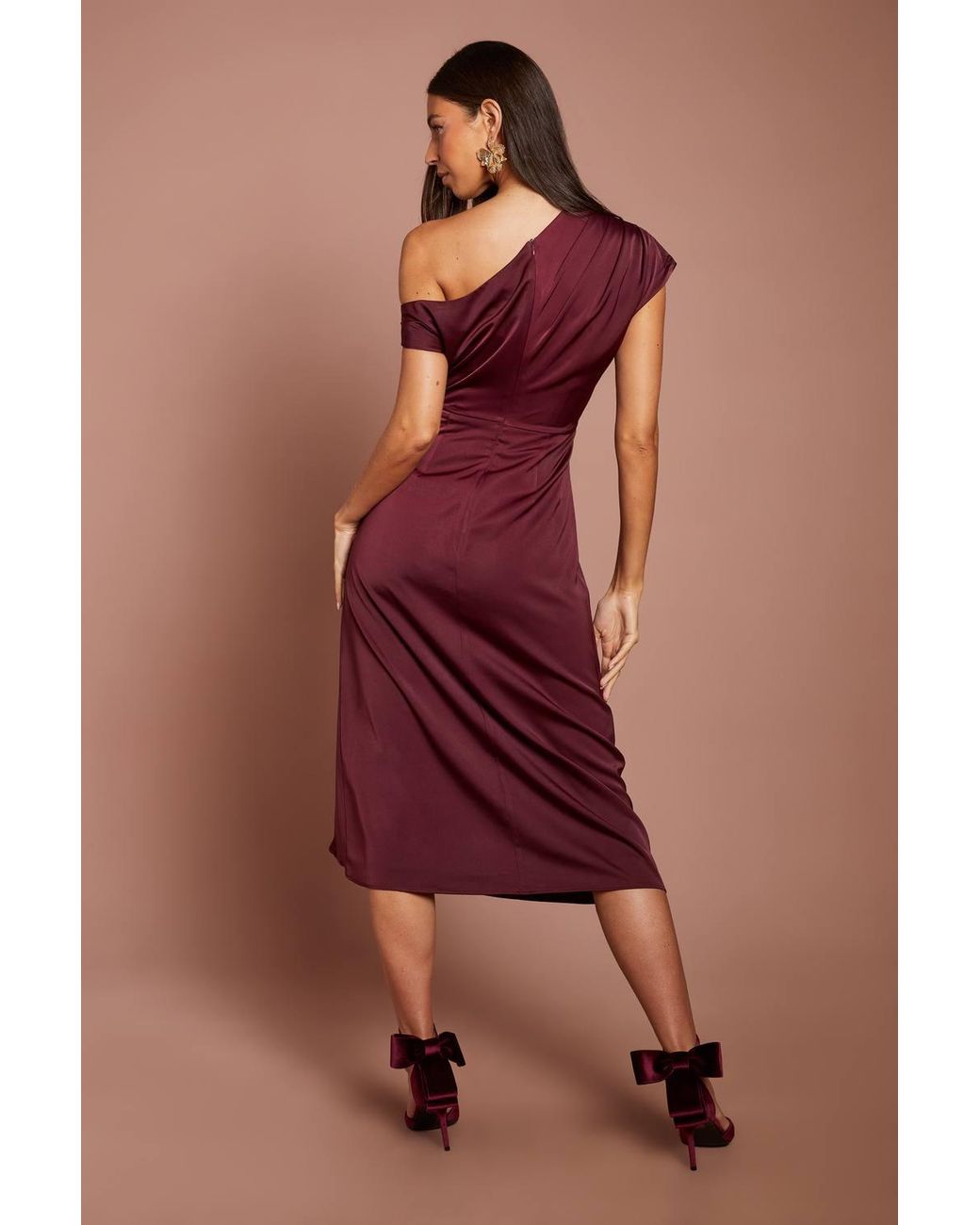 Coast Red Off Shoulder Satin Side Tie Midi Dress