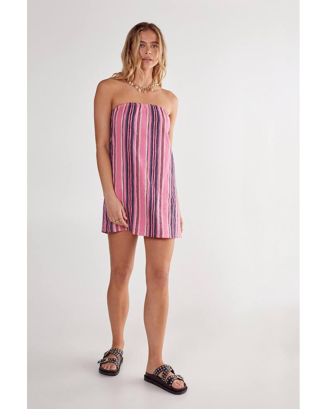 Nasty Gal Pink Cotton Gauze Stripe Bandeau Mini Dress